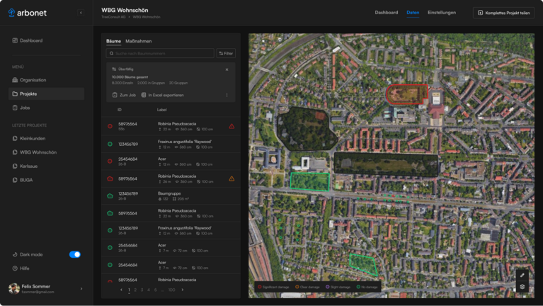 Baummanagement mit arbonet die Baumplattform, darkmode